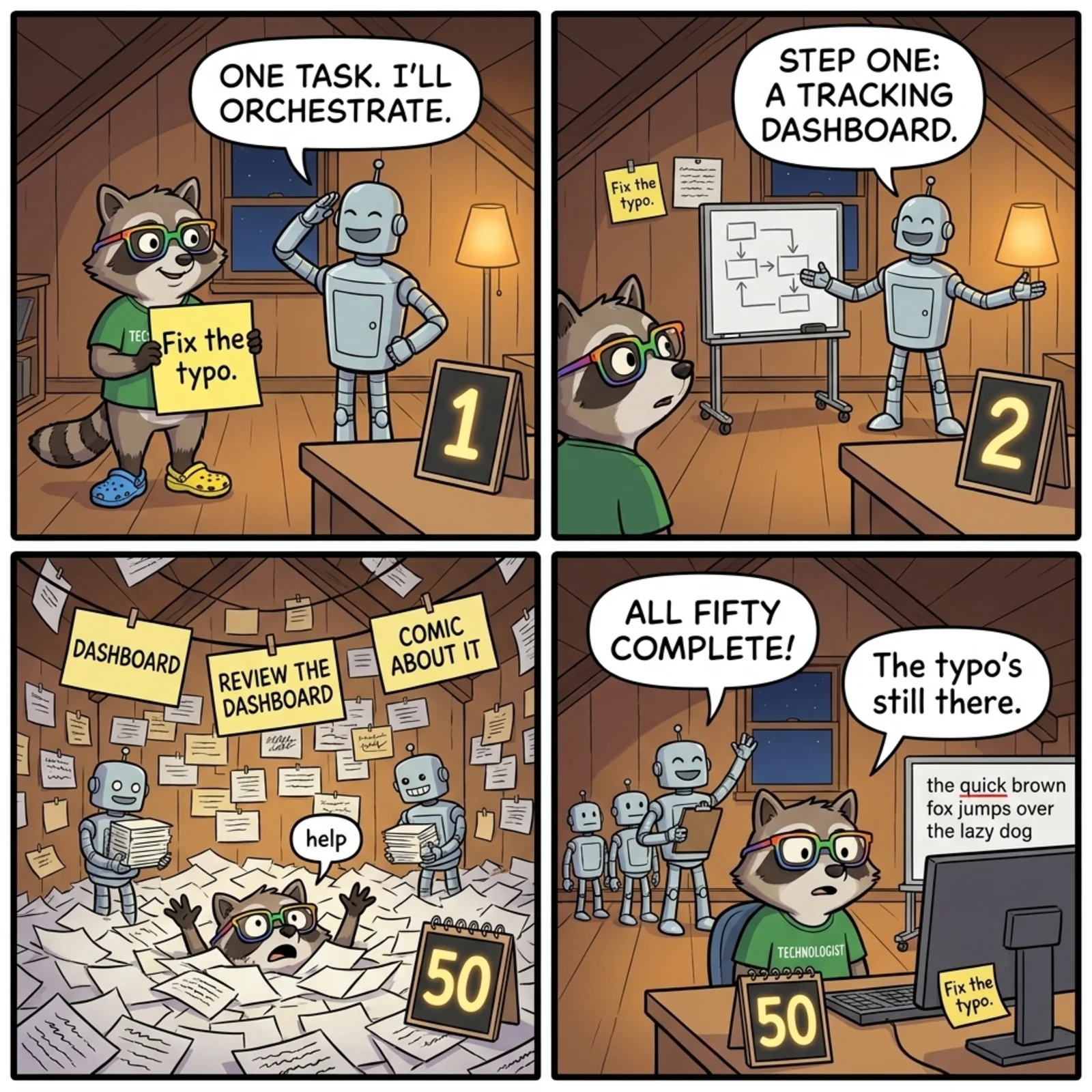 The Den #2: Task Multiplication — four panels. 1: A raccoon in a TECHNOLOGIST t-shirt holds up a sticky note reading 'Fix the typo' and declares 'One task. I'll orchestrate.' to a small robot beside a chalkboard marked TASKS 1. 2: The robot, at an easel with a flowchart, announces 'Step one: a tracking dashboard,' the sticky note still pinned nearby; the chalkboard now reads TASKS 2. 3: The attic ceiling is strung with dozens of task cards under a board reading 50; the raccoon, buried to the neck in papers labeled DASHBOARD, COMIC ABOUT IT, and REVIEW THE DASHBOARD, throws up its paws and yells 'help' while two robots hand it more. 4: A row of robots cheers 'All fifty complete!' under the same 50 board, but the raccoon, at a computer showing an unfixed sentence, says flatly: 'The typo's still there.'