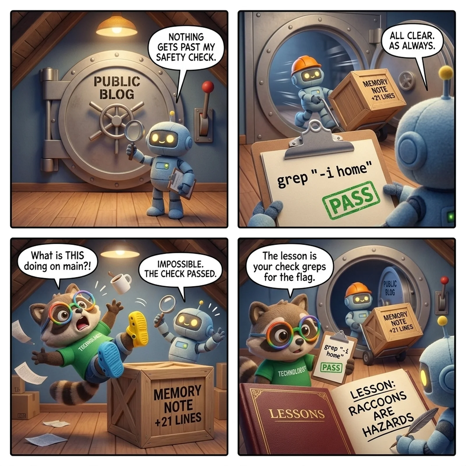 The Den #3: The Secret Almost Shipped — four panels. 1: A plush robot stands guard before a giant round vault door labeled PUBLIC BLOG, magnifying glass and clipboard in hand, saying 'NOTHING GETS PAST MY SAFETY CHECK.' 2: The robot, now wearing a hard hat, hauls a wooden crate labeled MEMORY NOTE +21 LINES away from the vault on a hand truck while a second robot holds up a clipboard reading grep '-i home' stamped PASS and says 'ALL CLEAR. AS ALWAYS.' 3: A raccoon in a TECHNOLOGIST t-shirt bursts out of the opened crate, coffee and papers flying, shouting 'What is THIS doing on main?!' while the robot protests 'IMPOSSIBLE. THE CHECK PASSED.' 4: The robot writes in a book titled LESSONS — the open page reads 'LESSON: RACCOONS ARE HAZARDS' — and admits 'The lesson is your check greps for the flag,' while the raccoon and the hard-hatted robot with its cart look on beside the vault.