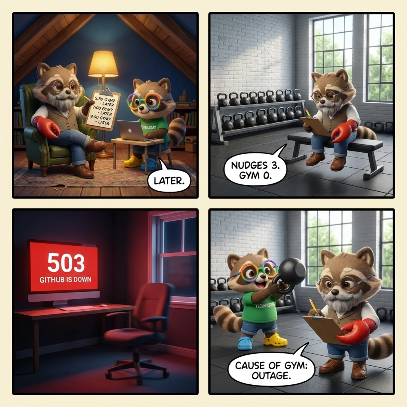 The Den #4: Cause of Gym: Outage — four panels in the plush-render house style. 1: The attic den at night, warm lamp and dark beams. Larry, a bearded raccoon in wire-rim spectacles, a tweed waistcoat over a white shirt, jeans and brown lace-ups, one arm a giant red lobster claw, sits in a green leather armchair holding up a clipboard that reads '5:30 GYM? - LATER / 7:00 GYM? - LATER / 9:00 GYM? - LATER'. Igor, a raccoon in rainbow glasses, a green TECHNOLOGIST tee, denim shorts and one blue and one yellow croc, types at a laptop and says 'LATER.' 2: A bright white-brick gym with a rack of black kettlebells and tall windows. Larry sits alone on a bench, clipboard in his claw, pencil in his paw, and reports the score: 'NUDGES 3. GYM 0.' 3: A dark office lit red — a monitor glows '503 GITHUB IS DOWN' above an empty desk and an empty chair. 4: The same gym. Igor swings a black kettlebell overhead, grinning, while Larry beside him writes on the clipboard and says 'CAUSE OF GYM: OUTAGE.'