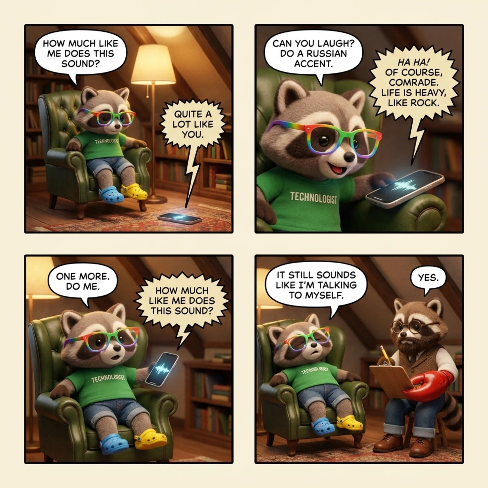 The Den #6, rendered by Gemini Flash: close to the house style, but the panels lose their thick black frame and warm cream page, and the hand-lettering softens and the shirt text garbles.