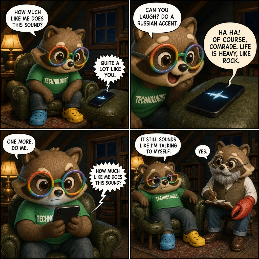 The Den #6: Do a Russian Accent — four panels in a brighter, glossier plush render, in the attic den. 1: Igor, a raccoon in rainbow glasses and a green TECHNOLOGIST tee, stands over a phone glowing on the arm of the green leather armchair and asks 'HOW MUCH LIKE ME DOES THIS SOUND?'; a jagged balloon from the phone answers 'QUITE A LOT LIKE YOU.' 2: Close on the phone, its screen a waveform, Igor leaning in delighted — 'CAN YOU LAUGH? DO A RUSSIAN ACCENT.' — and the phone answering in a broad Russian accent: 'HA HA! OF COURSE, COMRADE. LIFE IS HEAVY, LIKE ROCK.' 3: Igor picks the phone up and holds it out, testing it now instead of just chatting with it — 'ONE MORE. DO ME.' — and the phone answers by echoing his own opening question straight back at him: 'HOW MUCH LIKE ME DOES THIS SOUND?' 4: Igor slumped deep in the armchair with his glasses slid down his snout says 'IT STILL SOUNDS LIKE I'M TALKING TO MYSELF.'; Larry, the bearded raccoon with one giant red lobster claw, writing on his clipboard beside him, answers 'YES.'