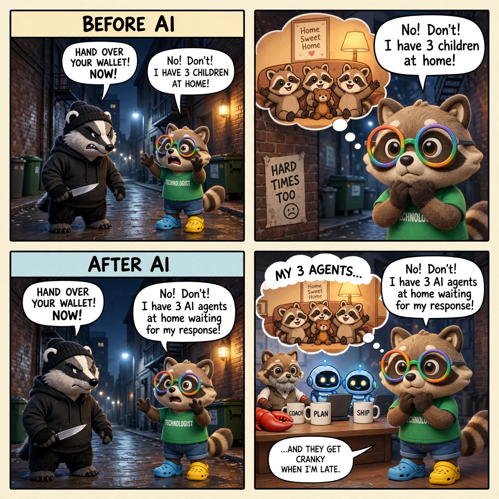 The Den #7, Muse Image spin A: the house palette and layout hold, raccoon kits in the thought bubble, but the red claw lies loose on the desk in the last panel.