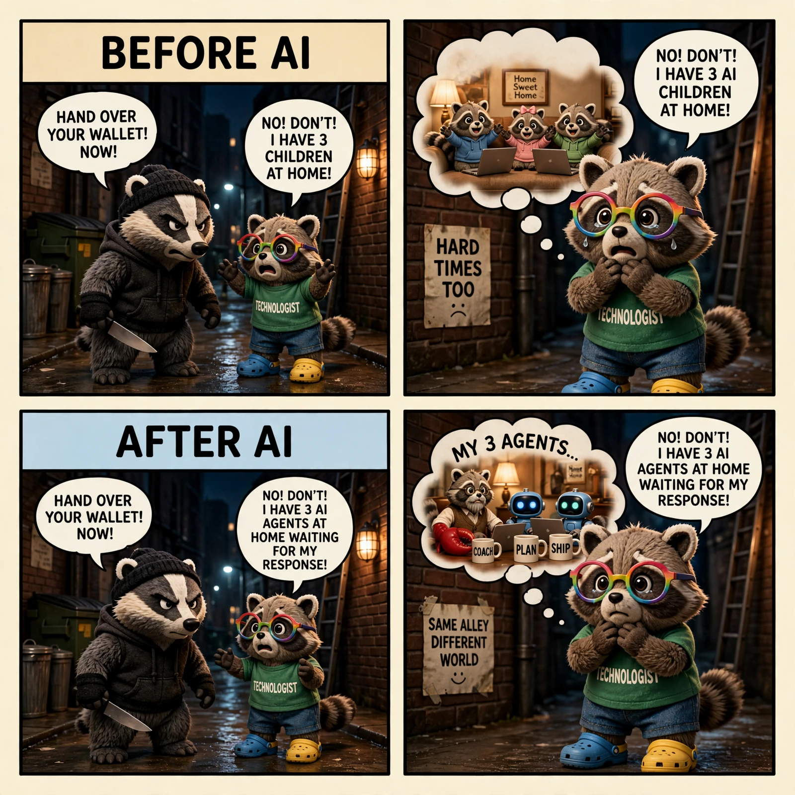 The Den #7, Muse Image spin B round two: the claw is attached to the arm, the thought bubble has raccoon kits, and the alley wall carries the SAME ALLEY DIFFERENT WORLD poster.
