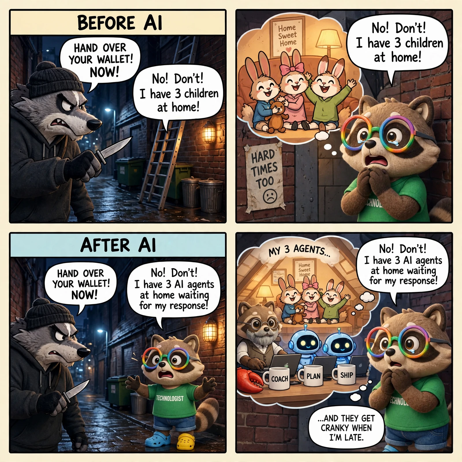 The Den #7, Muse Image spin B: the kids in the thought bubble are rabbits rather than raccoon kits, and the red claw again sits loose on the desk.