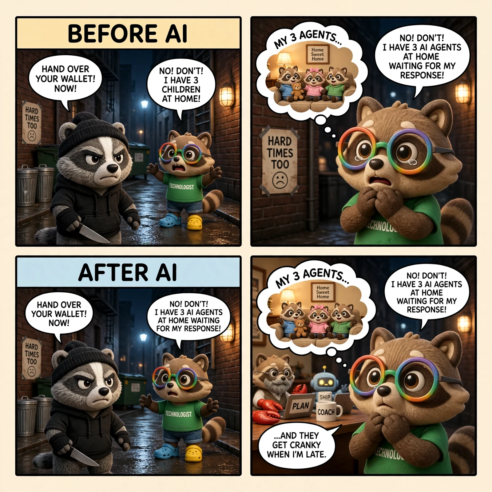 The Den #7, Muse Image spin C round two: raccoon kits are back in the thought bubble but there are two red claws in the last panel.