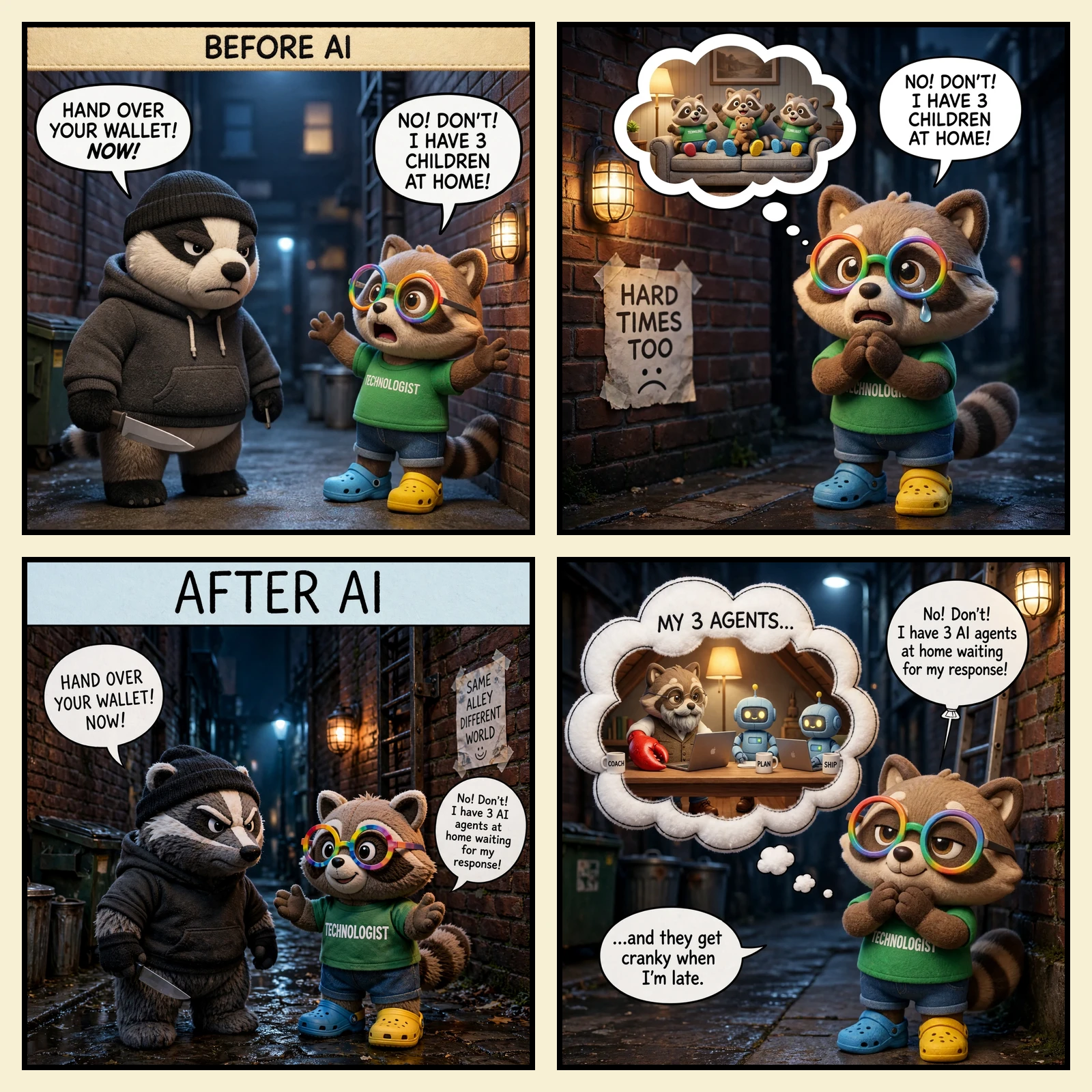 The Den #7, Muse Image round three: four separately generated panels stitched onto the cream page — claw attached to Larry's arm, raccoon kits in the thought bubble, both wall posters present, shirt text legible throughout.