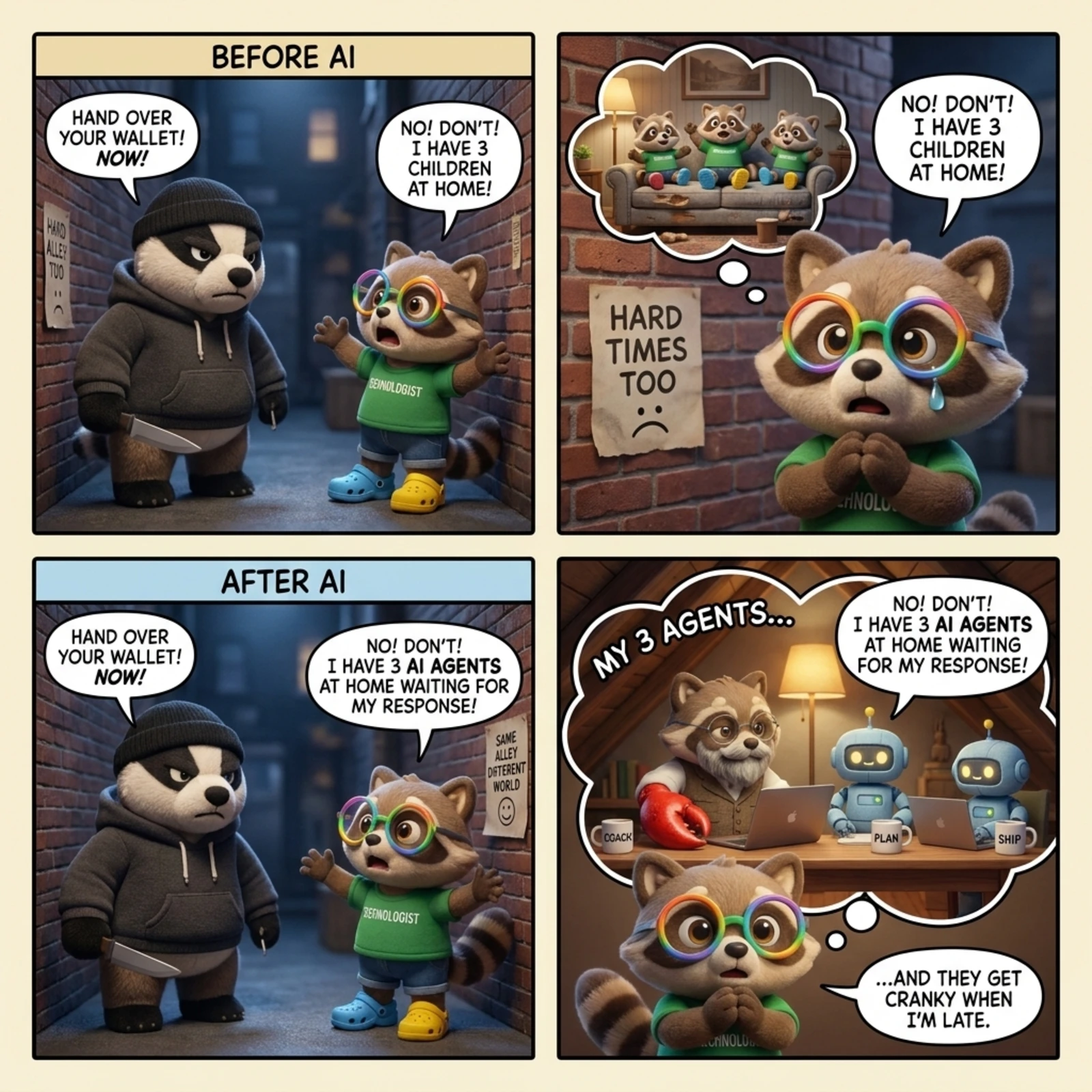 The Den #7: Before AI / After AI — four panels in the plush-render house style, cut into two halves by header bars. 1: Under a cream BEFORE AI banner, a dark brick alley at night. Bruno, a bulky plush badger in a black beanie and a dark hoodie, holds a small knife low at his side and demands 'HAND OVER YOUR WALLET! NOW!'; Igor, a raccoon in rainbow glasses, a green TECHNOLOGIST tee, denim shorts and one blue and one yellow croc, throws his paws up and pleads 'NO! DON'T! I HAVE 3 CHILDREN AT HOME!' A torn notice is taped to the brick beside him. 2: Close on Igor against the alley wall, a tear on his cheek and his paws clasped, repeating 'NO! DON'T! I HAVE 3 CHILDREN AT HOME!'; the thought bubble above him shows three small raccoon kits in green tees bouncing on a couch in a lamp-lit living room, and a weathered poster on the brick reads 'HARD TIMES TOO' under a frowning face. 3: Under a blue AFTER AI banner, the same alley, the same badger, the same knife, the same line — 'HAND OVER YOUR WALLET! NOW!' — but this time Igor pleads 'NO! DON'T! I HAVE 3 AI AGENTS AT HOME WAITING FOR MY RESPONSE!', and the notice on the wall behind him reads 'SAME ALLEY DIFFERENT WORLD' under a smiling face. 4: Igor in the foreground, paws clasped, thinking; a thought bubble labelled 'MY 3 AGENTS...' opens onto the warm attic den, where Larry — the bearded raccoon in wire-rim spectacles and a tweed waistcoat, one arm ending in a giant red lobster claw — works at a laptop beside two blue plush robots at laptops of their own, three mugs on the table reading COACH, PLAN and SHIP. Igor finishes: '...AND THEY GET CRANKY WHEN I'M LATE.'