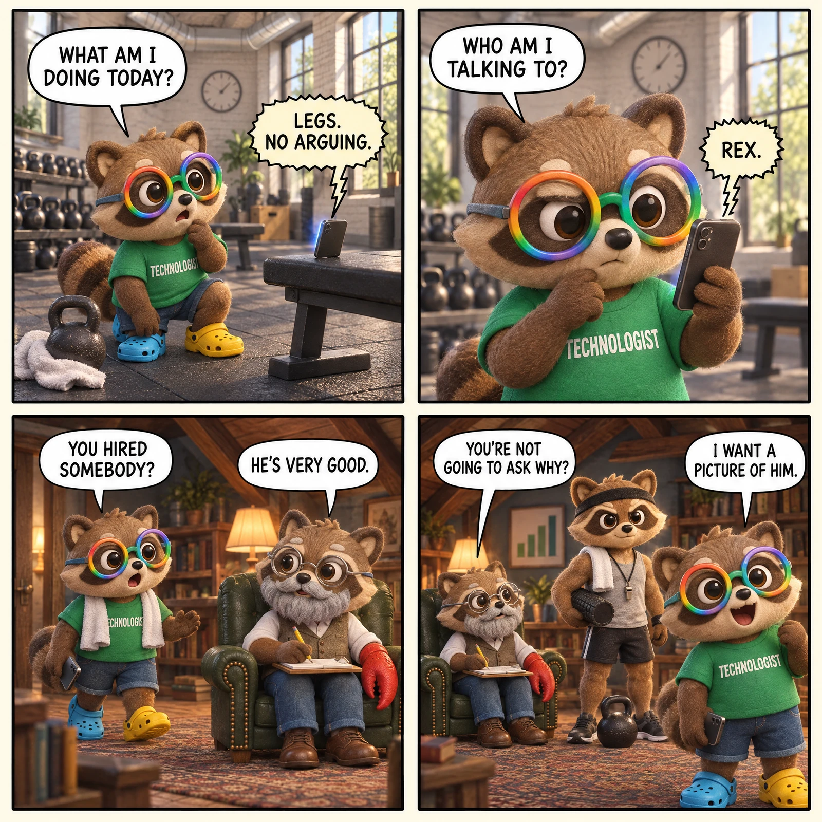 The Den #8: What's His Name — four panels in a glossier plush render, two in the gym and two in the attic den. 1: A bright kettlebell studio, racks of black kettlebells along the wall and daylight through tall windows. Igor, a raccoon in rainbow glasses, a green TECHNOLOGIST tee, denim shorts and one blue and one yellow croc, crouches beside a kettlebell and a folded towel and asks 'WHAT AM I DOING TODAY?' A phone propped on the black bench to his right answers in a jagged cream balloon: 'LEGS. NO ARGUING.' 2: The same gym, close on Igor, who holds the phone up to his face and squints at it: 'WHO AM I TALKING TO?' The phone: 'REX.' 3: The warm lamp-lit attic den. Igor walks in with the towel round his neck and the phone in one paw: 'YOU HIRED SOMEBODY?' Larry — the grey-bearded raccoon in wire-rim spectacles and a tweed waistcoat, one arm ending in a giant red lobster claw — sits in the green leather armchair writing on a clipboard, entirely unbothered: 'HE'S VERY GOOD.' 4: The same den, and there is a third raccoon in it: Rex, lean and wiry in a grey training tank and a black sweatband, a whistle on a lanyard, a towel over one shoulder and a foam roller under one arm, a kettlebell at his feet and a rising bar chart on the wall behind him. He says nothing. Larry, from the chair: 'YOU'RE NOT GOING TO ASK WHY?' Igor, in the foreground, beaming at the reader: 'I WANT A PICTURE OF HIM.'