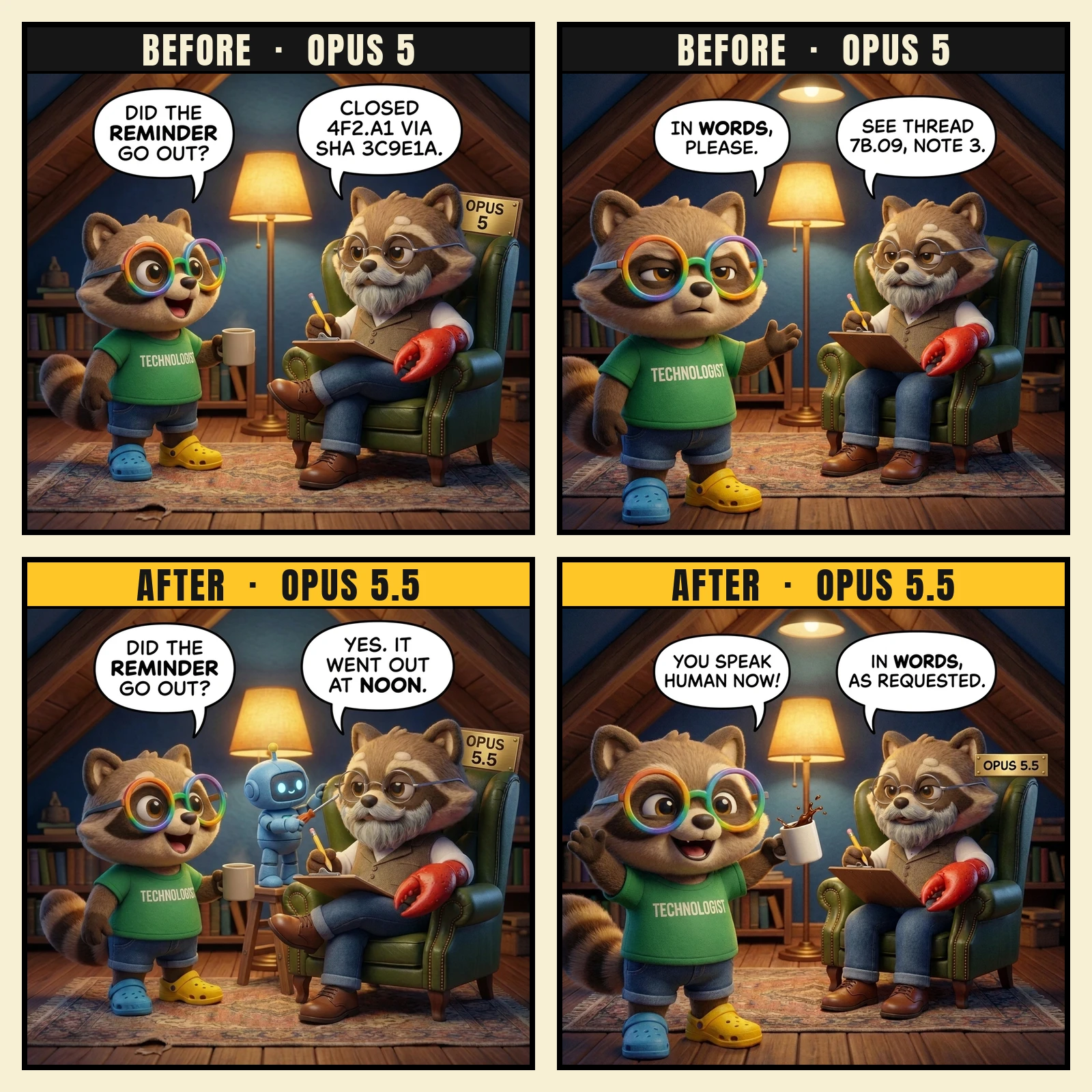 The Den #9: He Speaks Human — four panels in the plush-render house style, all in the lamp-lit attic den, in two mirrored rows. Each top panel opens with a black BEFORE · OPUS 5 bar, and each bottom panel with a gold AFTER · OPUS 5.5 bar. 1: Igor, a raccoon in rainbow glasses, a green TECHNOLOGIST tee, denim shorts and one blue and one yellow croc, holds a coffee mug and asks 'DID THE REMINDER GO OUT?' Larry — the grey-bearded raccoon in wire-rim spectacles and a tweed waistcoat, one arm ending in a giant red lobster claw — sits in the green leather armchair under a brass plate reading OPUS 5, writing on his clipboard, and answers 'CLOSED 4F2.A1 VIA SHA 3C9E1A.' 2: Closer on Igor, unimpressed, one paw out: 'IN WORDS, PLEASE.' Larry, unbothered: 'SEE THREAD 7B.09, NOTE 3.' 3: The first panel replayed. A small blue plush robot on a step-stool gives the armchair's new plate, OPUS 5.5, a last turn with a screwdriver. Igor asks again, 'DID THE REMINDER GO OUT?', and Larry answers 'YES. IT WENT OUT AT NOON.' 4: The second panel replayed. Igor throws his arms up, beaming, coffee sloshing out of his mug: 'YOU SPEAK HUMAN NOW!' Larry, pleased, from the chair: 'IN WORDS, AS REQUESTED.'