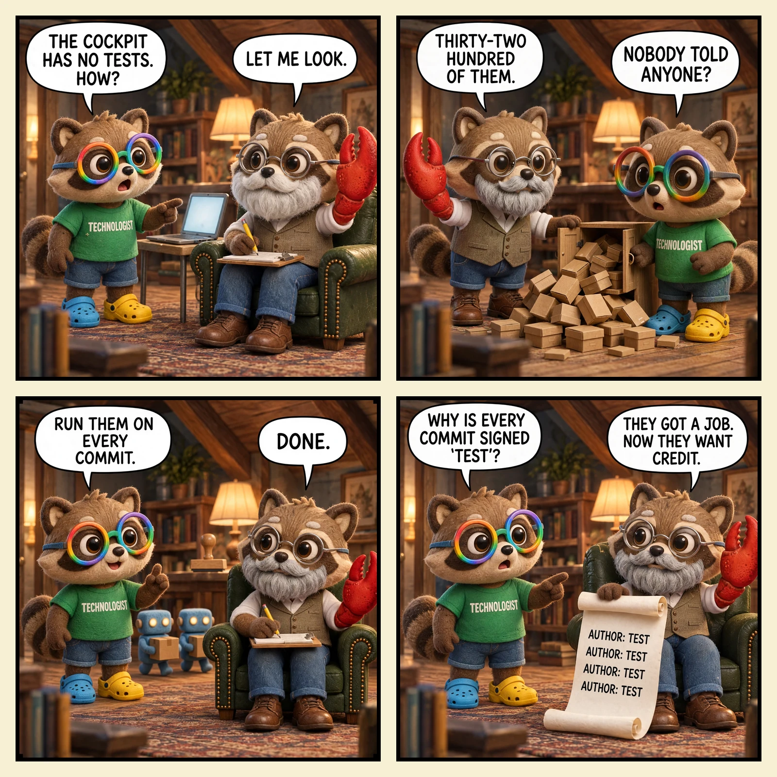 The Den #10: Our Most Prolific Contributor — four panels in the plush-render house style, all in the lamp-lit attic den. 1: Igor, a raccoon in rainbow glasses, a green TECHNOLOGIST tee, denim shorts and one blue and one yellow croc, points at a glowing laptop on a small desk: 'THE COCKPIT HAS NO TESTS. HOW?' Larry — the grey-bearded raccoon in wire-rim spectacles and a tweed waistcoat, one arm ending in a giant red lobster claw — looks up from his clipboard in the green leather armchair: 'LET ME LOOK.' 2: Larry has opened a low cupboard under the eaves and an avalanche of small cardboard boxes pours out around his shoes: 'THIRTY-TWO HUNDRED OF THEM.' Igor, staring at the pile: 'NOBODY TOLD ANYONE?' 3: Two small blue plush robots carry boxes toward a big wooden rubber stamp on the desk. Igor, one finger up: 'RUN THEM ON EVERY COMMIT.' Larry, writing: 'DONE.' 4: Larry holds up a long paper scroll of the commit log, and every line on it reads 'AUTHOR: TEST'. Igor points at it: 'WHY IS EVERY COMMIT SIGNED 'TEST'?' Larry, unbothered: 'THEY GOT A JOB. NOW THEY WANT CREDIT.'