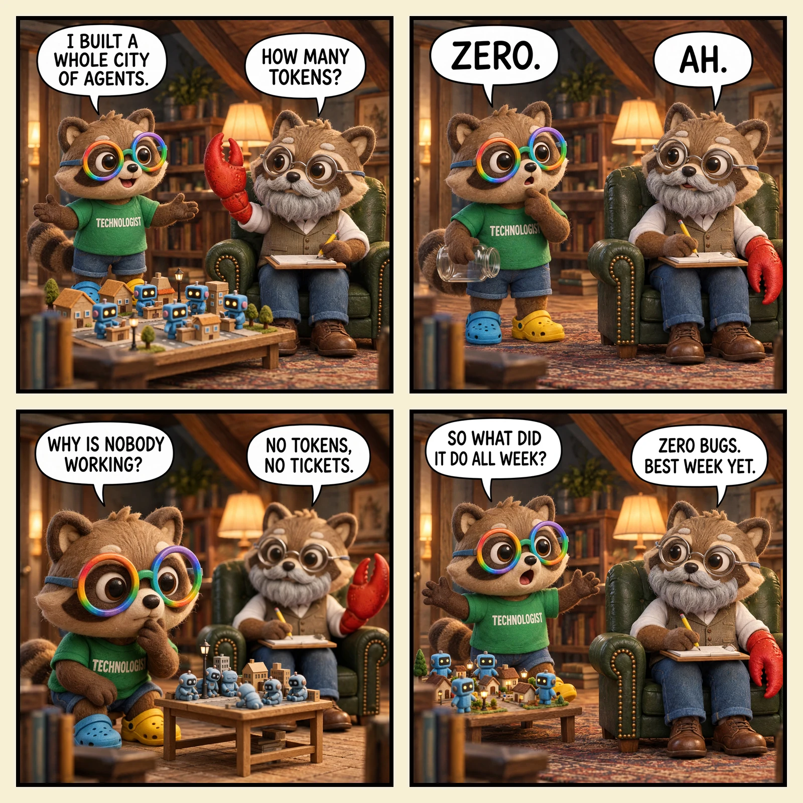 The Den #11: Zero Tokens — four panels in the plush-render house style, all in the lamp-lit attic den. 1: Igor, a raccoon in rainbow glasses, a green TECHNOLOGIST tee, denim shorts and one blue and one yellow croc, spreads his arms over a tabletop toy city of little houses where tiny blue plush robots sit at tiny desks: 'I BUILT A WHOLE CITY OF AGENTS.' Larry — the grey-bearded raccoon in wire-rim spectacles and a tweed waistcoat, one arm ending in a giant red lobster claw — from the green leather armchair: 'HOW MANY TOKENS?' 2: Igor holds an empty glass jar, a paw on his chin: 'ZERO.' Larry: 'AH.' 3: Close on the toy city: every robot sits idle in a row, lamp eyes dimmed. Igor, crouched beside the table: 'WHY IS NOBODY WORKING?' Larry: 'NO TOKENS, NO TICKETS.' 4: Igor throws his arms wide in front of the quiet city: 'SO WHAT DID IT DO ALL WEEK?' Larry, contentedly writing: 'ZERO BUGS. BEST WEEK YET.'