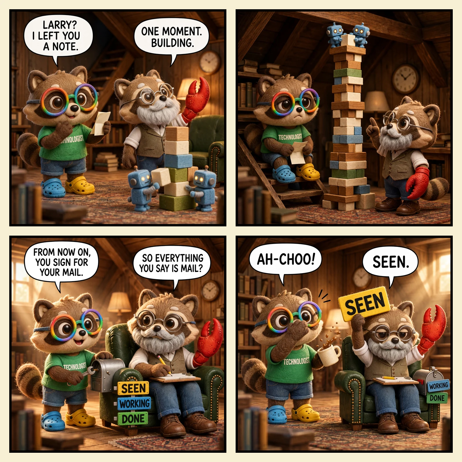 The Den #12: Bless You — four panels in the plush-render house style, all in the lamp-lit attic den. 1: Igor, a raccoon in rainbow glasses, a green TECHNOLOGIST tee, denim shorts and one blue and one yellow croc, holds up a folded note: 'LARRY? I LEFT YOU A NOTE.' Larry — the grey-bearded raccoon in wire-rim spectacles and a tweed waistcoat, one arm ending in a giant red lobster claw — stands at a toy block tower with two small blue plush robots: 'ONE MOMENT. BUILDING.' 2: Later, no words: the clock has moved on, the lamp burns low, the tower reaches the ceiling beam with the robots perched on top, and Igor sits slumped on the attic stairs, the note drooping in his paw. 3: Next morning. Igor, wrench in paw, has bolted a tin mailbox with three flags — SEEN, WORKING, DONE — to the arm of the green leather armchair: 'FROM NOW ON, YOU SIGN FOR YOUR MAIL.' Larry, clipboard on his knees: 'SO EVERYTHING YOU SAY IS MAIL?' 4: Igor sneezes, a paw clapped over his nose, coffee sloshing out of his mug: 'AH-CHOO!' Larry, not looking up, holds the yellow SEEN flag high: 'SEEN.'