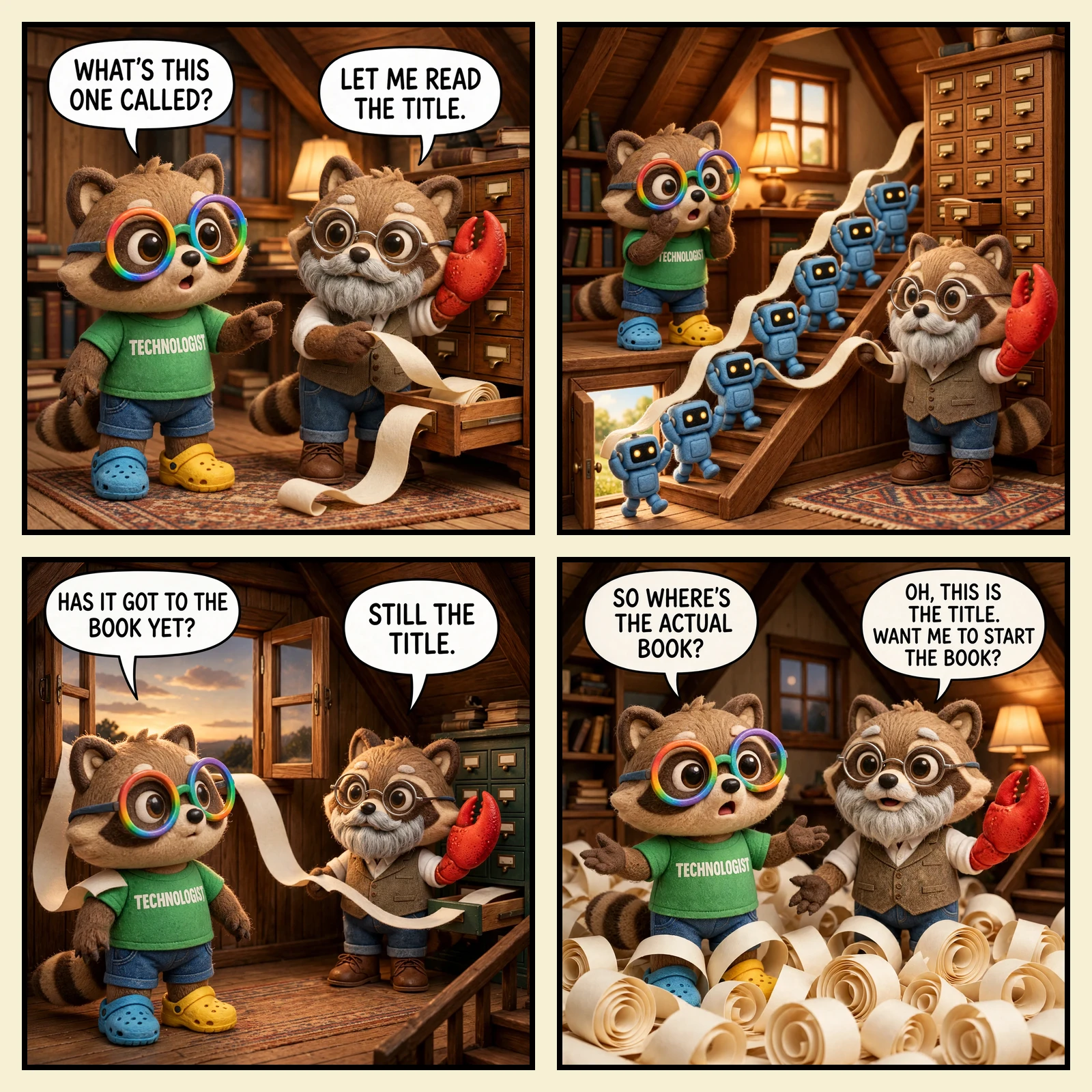 The Den #13: The Longest Title — four panels in the plush-render house style, all in the lamp-lit attic den. 1: Igor, a raccoon in rainbow glasses, a green TECHNOLOGIST tee, denim shorts and one blue and one yellow croc, points at an old oak card catalog: 'WHAT'S THIS ONE CALLED?' Larry — the grey-bearded raccoon in wire-rim spectacles and a tweed waistcoat, one arm ending in a giant red lobster claw — pulls a card from an open drawer, and behind it the blank cream paper keeps coming: 'LET ME READ THE TITLE.' 2: No words. The title card is now an endless paper strip, carried overhead by a line of small blue plush robots like a parade dragon, down the attic stairs and out of a daylit door below, while Larry keeps feeding it out of the drawer and Igor clutches his cheeks. 3: Dusk through the open attic window. The far end of the strip has come all the way round the house and back in, its tip resting on Igor's shoulder: 'HAS IT GOT TO THE BOOK YET?' Larry, still holding the other end at the drawer: 'STILL THE TITLE.' 4: The whole attic is knee-deep in coils of paper, both raccoons wading in it. Igor shrugs, paws out: 'SO WHERE'S THE ACTUAL BOOK?' Larry, earnest and helpful, waves his paw at the pile: 'OH, THIS IS THE TITLE. WANT ME TO START THE BOOK?'