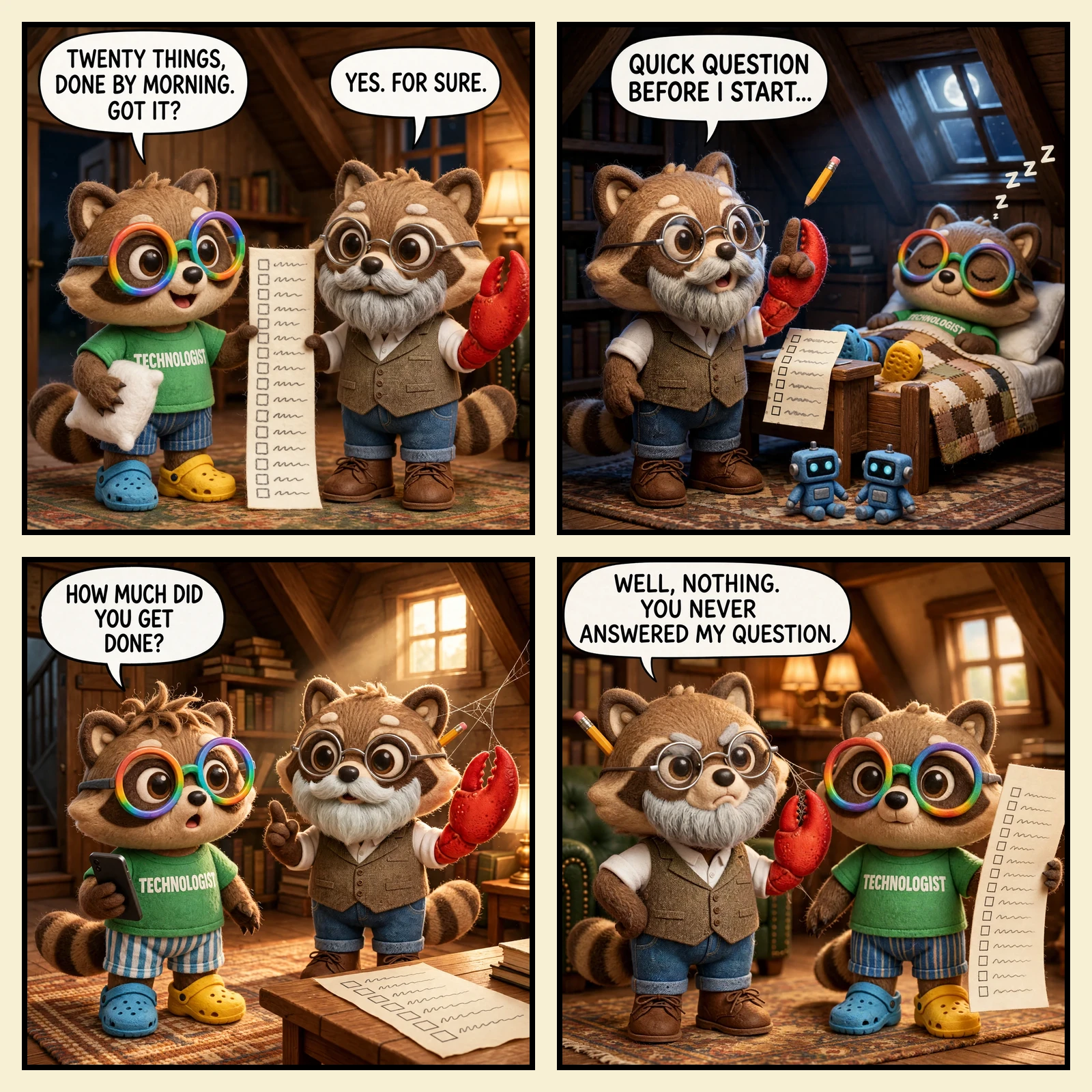 The Den #14: Quick Question — four panels in the plush-render house style, all in the lamp-lit attic den. 1: Bedtime. Igor, a raccoon in rainbow glasses, a green TECHNOLOGIST tee, striped pajama shorts and one blue and one yellow croc, a pillow under one arm, hands over a long checklist of empty boxes: 'TWENTY THINGS, DONE BY MORNING. GOT IT?' Larry — the grey-bearded raccoon in wire-rim spectacles and a tweed waistcoat, one arm ending in a giant red lobster claw — takes the end of it: 'YES. FOR SURE.' 2: Night, moonlight through the attic window. Igor is fast asleep in a little quilted bed in the corner, eyes closed behind his glasses, Zs rising. Larry stands frozen mid-word with one finger raised, his pencil hanging in mid-air, the checklist untouched on the desk and two small blue robots sitting idle: 'QUICK QUESTION BEFORE I START...' 3: Morning sun. Igor, hair rumpled, phone in paw: 'HOW MUCH DID YOU GET DONE?' Larry is still frozen in the same pose, a cobweb now stretched from his raised claw to the lamp, the list on the desk with every box empty. 4: Igor holds up the empty list, deadpan. Larry, paw on hip, a little indignant: 'WELL, NOTHING. YOU NEVER ANSWERED MY QUESTION.'
