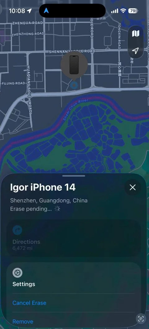 Find My screenshot: a map of Shenzhen with a phone pin near Shennan Middle Road, and a card reading Igor iPhone 14, Shenzhen, Guangdong, China, Erase pending