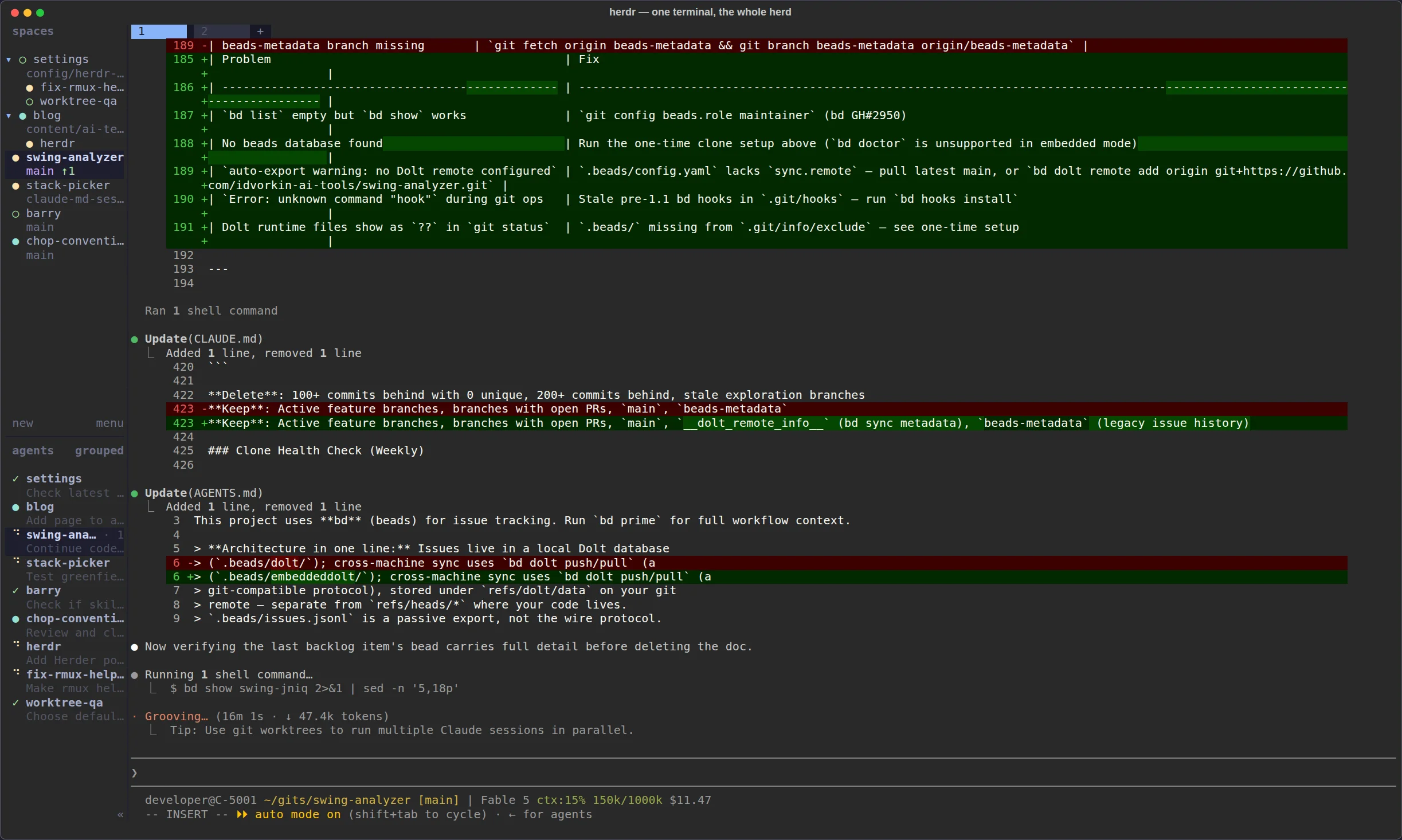 Herdr running nine workspaces: the spaces tree and agent-state panel on the left, a live Claude Code session working in the main pane