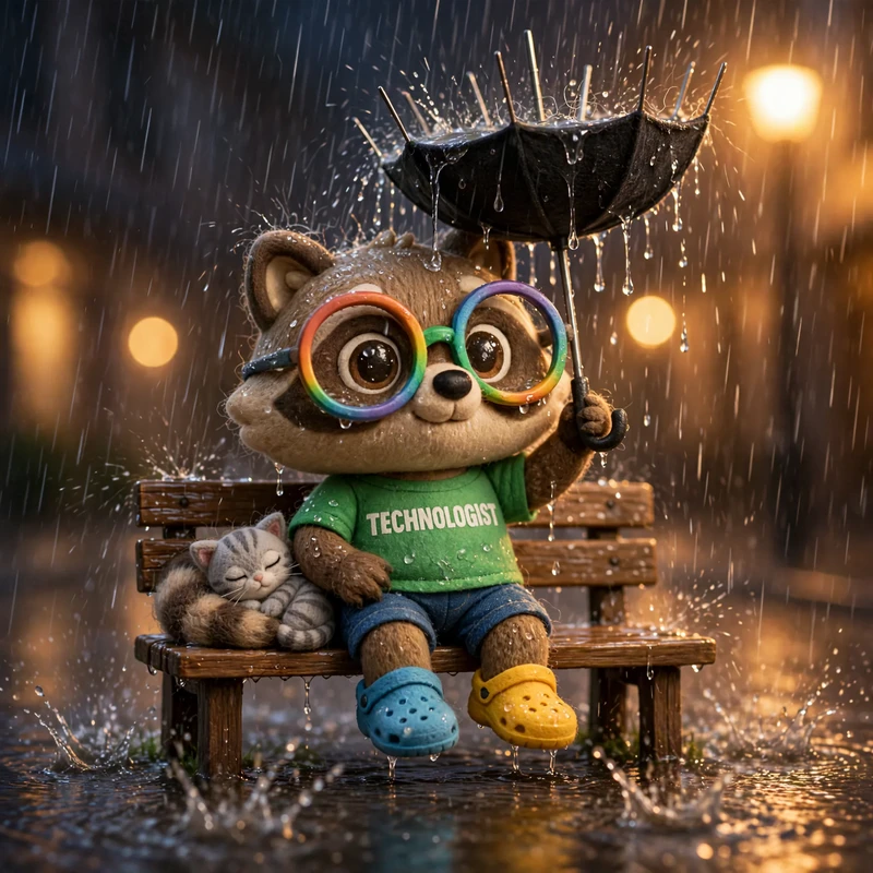In pouring rain at night the raccoon sits upright and calm on a bench, holding an umbrella blown inside out, a kitten curled up dry beside his tail.