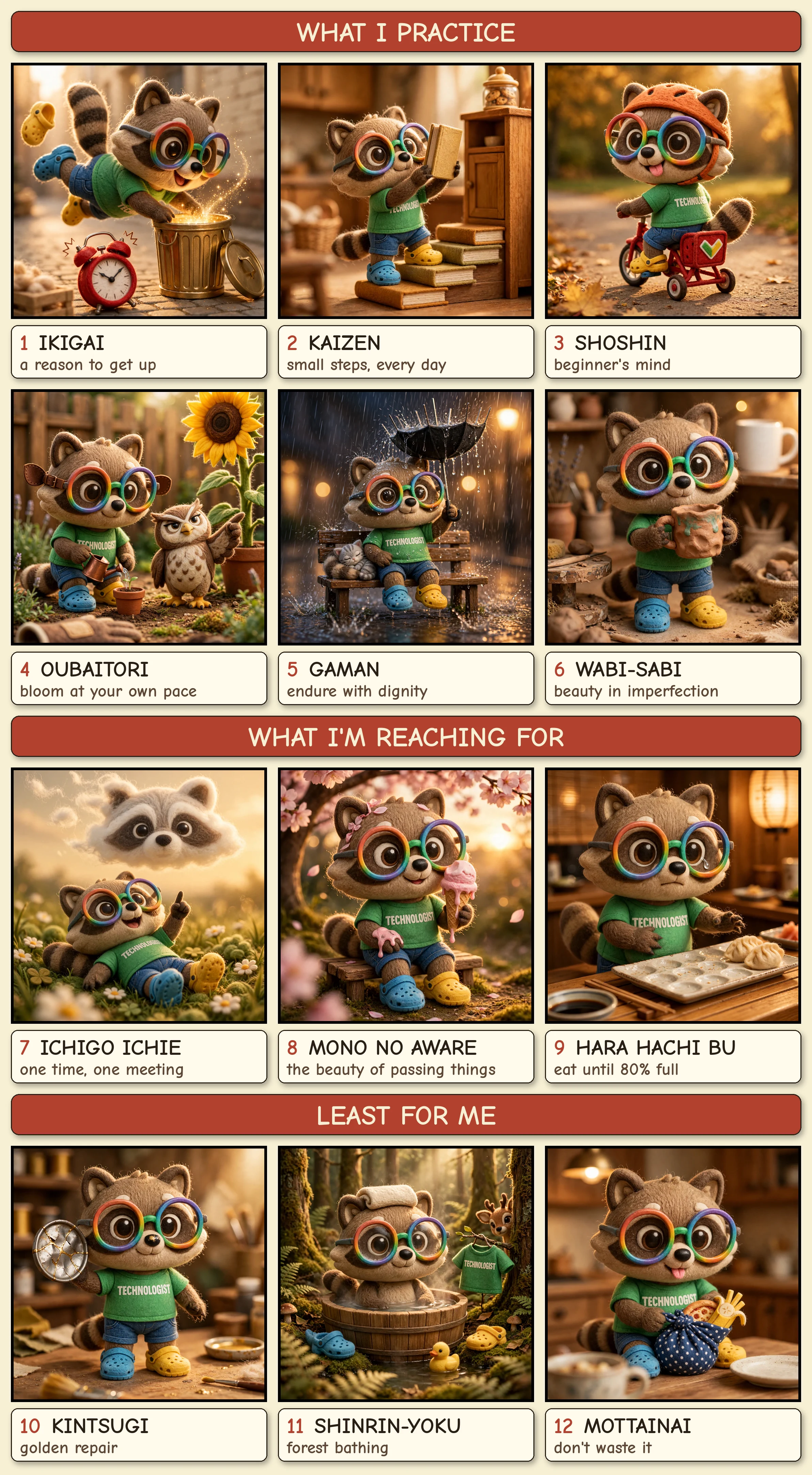 Twelve felt raccoon panels in three groups, each card giving the word and its meaning. What I practice: Ikigai, a reason to get up; Kaizen, small steps every day; Shoshin, beginner's mind; Oubaitori, bloom at your own pace; Gaman, endure with dignity; Wabi-sabi, beauty in imperfection. What I'm reaching for: Ichigo ichie, one time, one meeting; Mono no aware, the beauty of passing things; Hara hachi bu, eat until 80% full. Least for me: Kintsugi, golden repair; Shinrin-yoku, forest bathing; Mottainai, don't waste it.