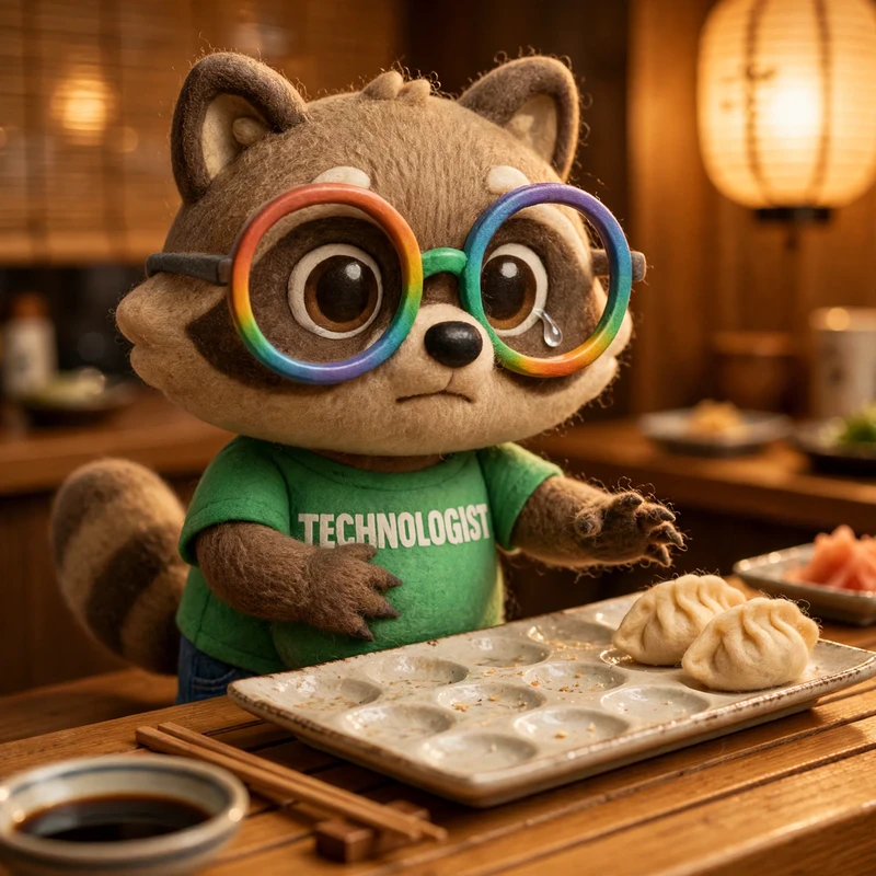 At an izakaya counter, eight dumpling spots on the plate are empty; with a single heroic tear the raccoon pushes away the last two.