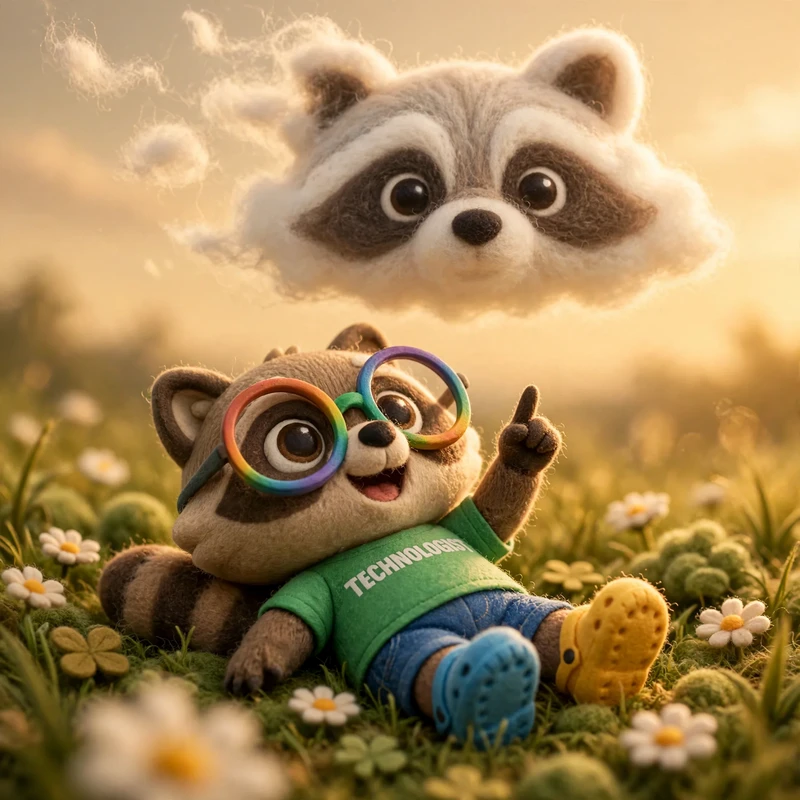 The raccoon lies in a daisy meadow pointing in delight at a cloud shaped exactly like a raccoon's face, already drifting apart at the edges.