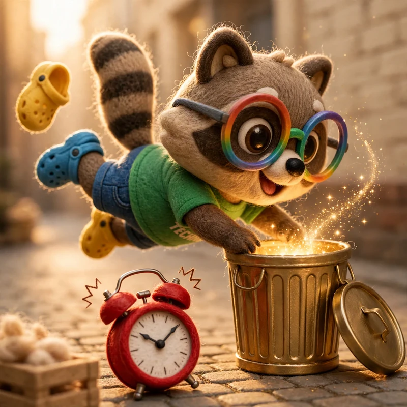 At dawn the raccoon leaps head-first into a trash can glowing gold like a treasure chest, a Croc flying off, while the alarm clock that woke him rings on the cobbles.