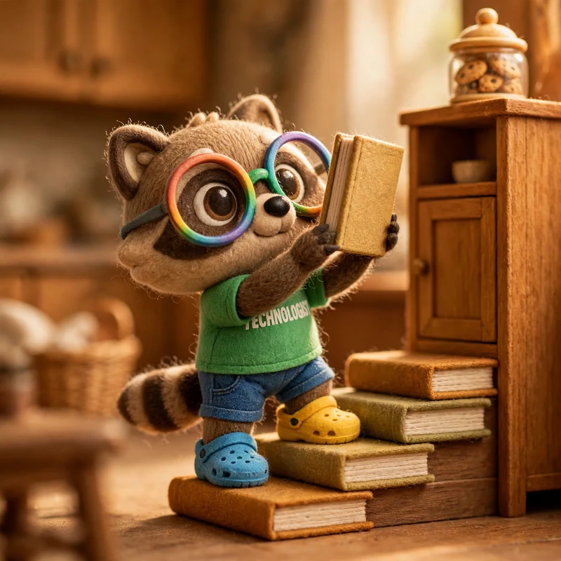 The raccoon stands on a staircase of three books, holding up a fourth to add today, climbing toward a cookie jar on top of the cupboard.