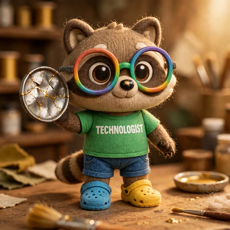 The raccoon holds up a cracked trash-can lid, mended with shining gold seams, like a knight's shield.