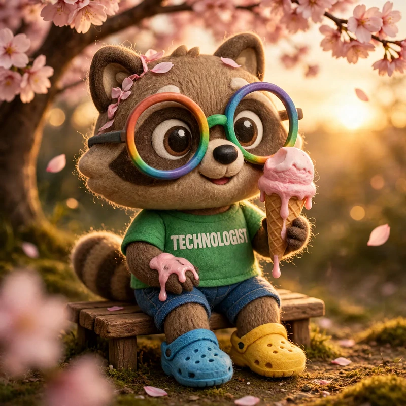 The felt raccoon in rainbow glasses on a bench under falling cherry blossoms at sunset, savoring an ice-cream cone that is melting down his paw.