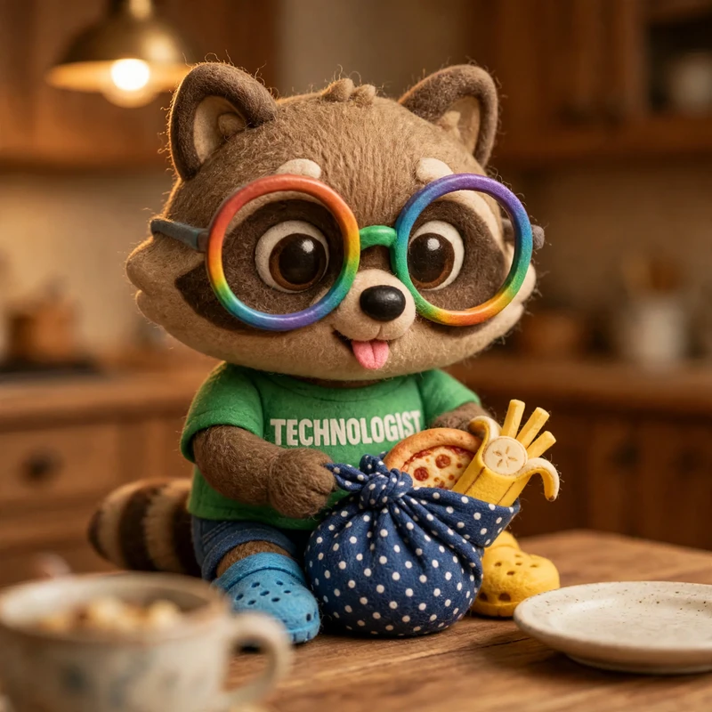 At the kitchen table the raccoon carefully knots a polka-dot cloth around leftovers: a pizza crust, half a banana and some fries.
