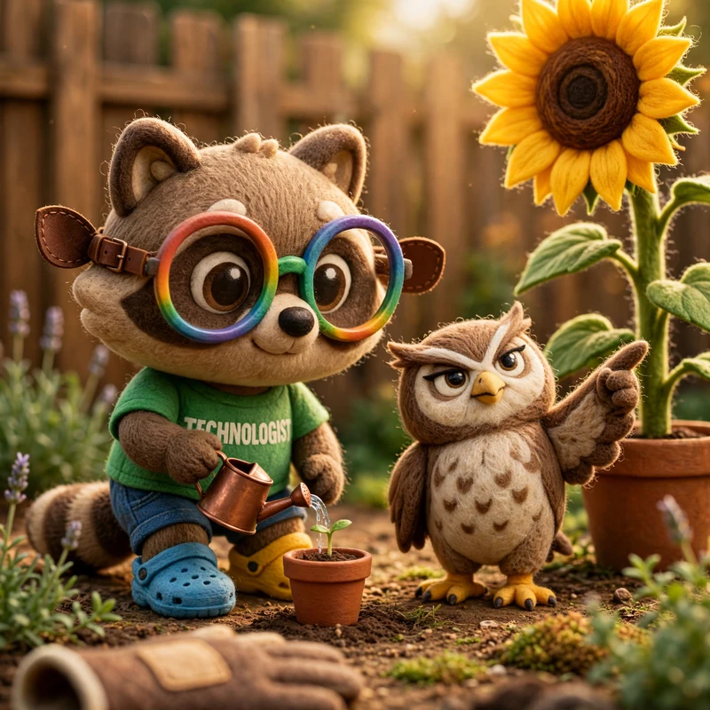 The raccoon wears horse blinkers while he waters his tiny sprout, refusing to look at the smug owl beside him showing off an enormous sunflower.