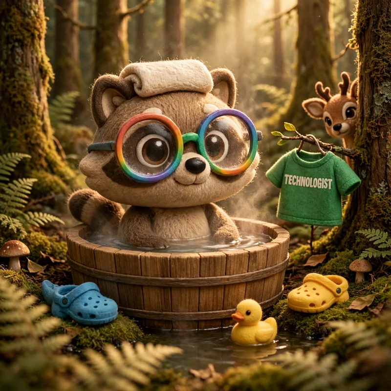 Forest bathing, literally: the raccoon soaks in a wooden tub in a mossy forest with a towel on his head and a rubber duck, his shirt hung on a branch, as a deer peeks out.