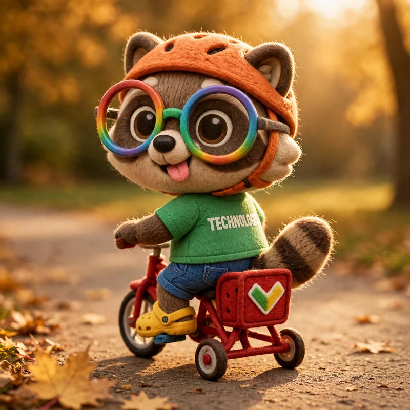 The raccoon in an orange helmet rides a tricycle with training wheels, tongue out in concentration, a green-and-yellow beginner's chevron on the back.