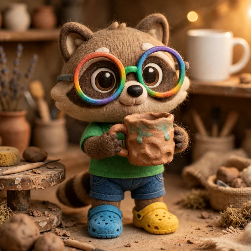 In a pottery corner the raccoon proudly holds a lumpy, lopsided mug he made himself, while a perfect white shop mug sits ignored on the shelf.