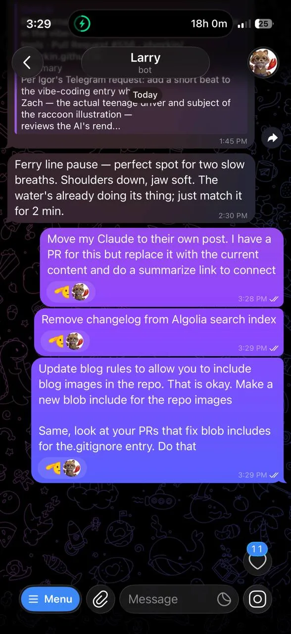 Telegram screenshot of Igor dictating three work items to Larry from the Bremerton ferry line — move content to its own post, remove changelog from Algolia search, allow blog images in repo