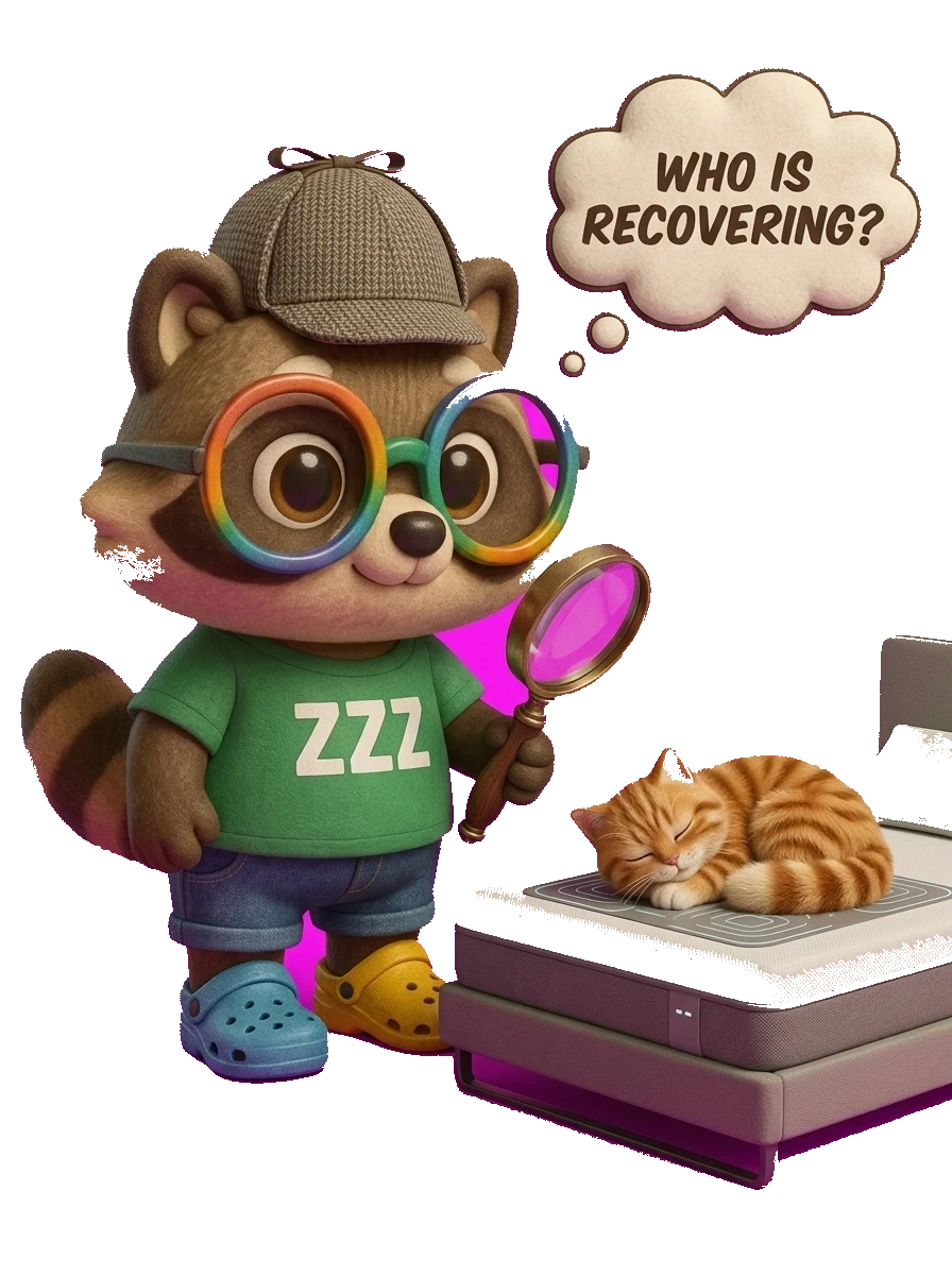 A raccoon detective in a deerstalker cap with a magnifying glass inspects an orange cat asleep on an Eight Sleep Pod; thought bubble reads 'Who is recovering?'