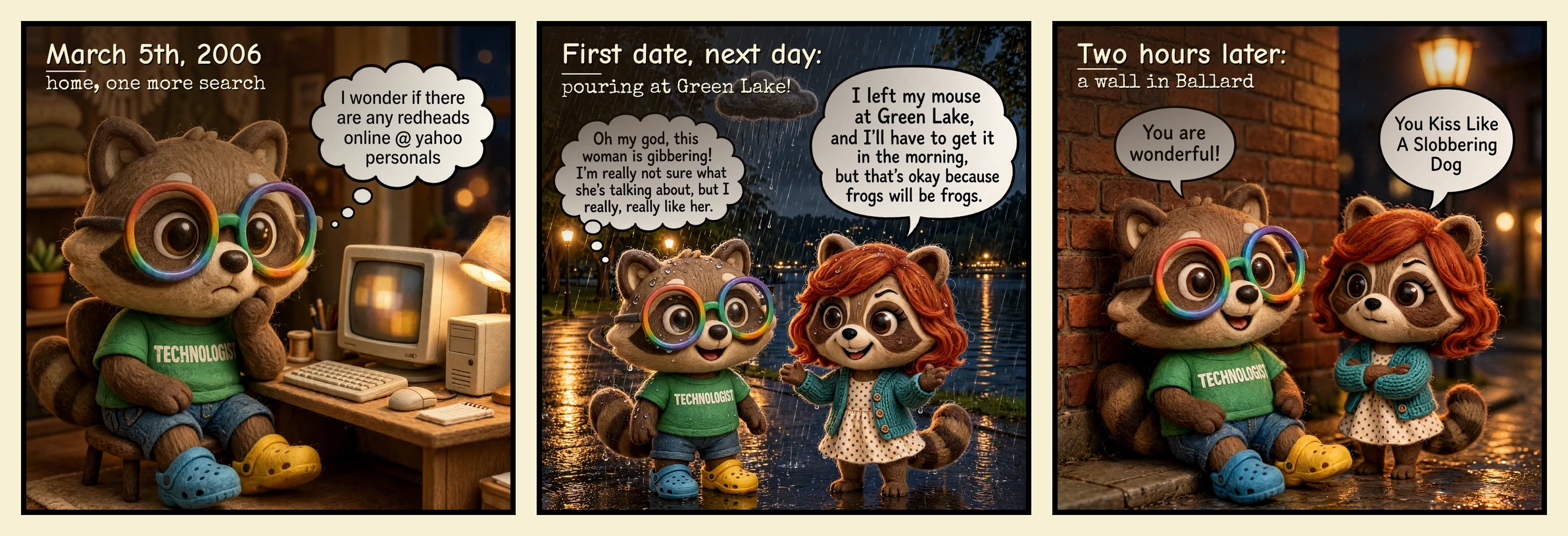 Three-panel comic. March 5th, 2006: raccoon Igor at a beige computer thinks "I wonder if there are any redheads online @ yahoo personals". First date, next day, pouring at Green Lake: Tori, a redheaded raccoon, says "I left my mouse at Green Lake, and I'll have to get it in the morning, but that's okay because frogs will be frogs," while Igor thinks "Oh my god, this woman is gibbering! I'm really not sure what she's talking about, but I really, really like her." Two hours later, a wall in Ballard: Igor says "You are wonderful!" and Tori says "You Kiss Like A Slobbering Dog".
