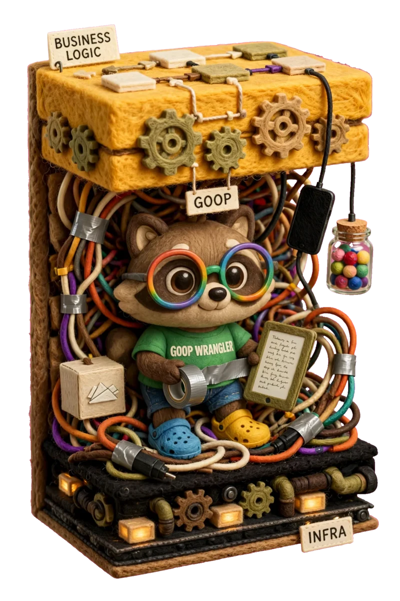 Three stacked layers: a thin Business Logic slab of flowchart blocks and gears on top, a huge middle layer of Goop where a raccoon stands knee-deep in tangled cables and duct tape wiring together a messaging box, phone, e-reader and bead jar, and a machine-like Infra base of gears and glowing blocks at the bottom