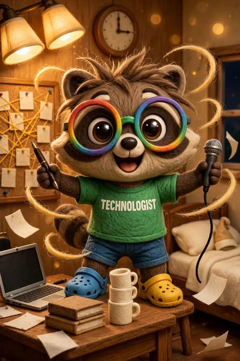 A wide-eyed raccoon in rainbow glasses, fur standing on end, holds a pen and a microphone at three in the morning, surrounded by pinned-up pages, a tower of mugs and a bed that is still made.