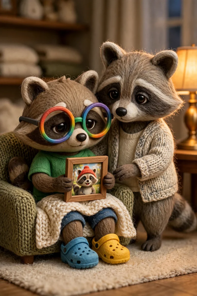 A young raccoon in rainbow glasses sits in a lamplit armchair holding a framed photo of a smiling friend in a red beanie, while an older raccoon in a cardigan leans in close beside him.