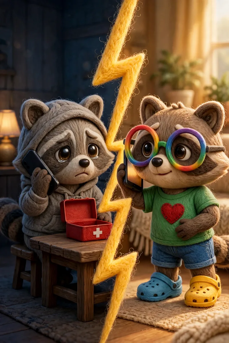 Split screen divided by a yellow lightning bolt. On the left, a sad, worried young raccoon in a grey hoodie sits by an open red first-aid kit and holds its phone to his ear. On the right, a raccoon in rainbow glasses with a red felt heart on his green shirt answers his phone, concerned and supportive, listening closely.