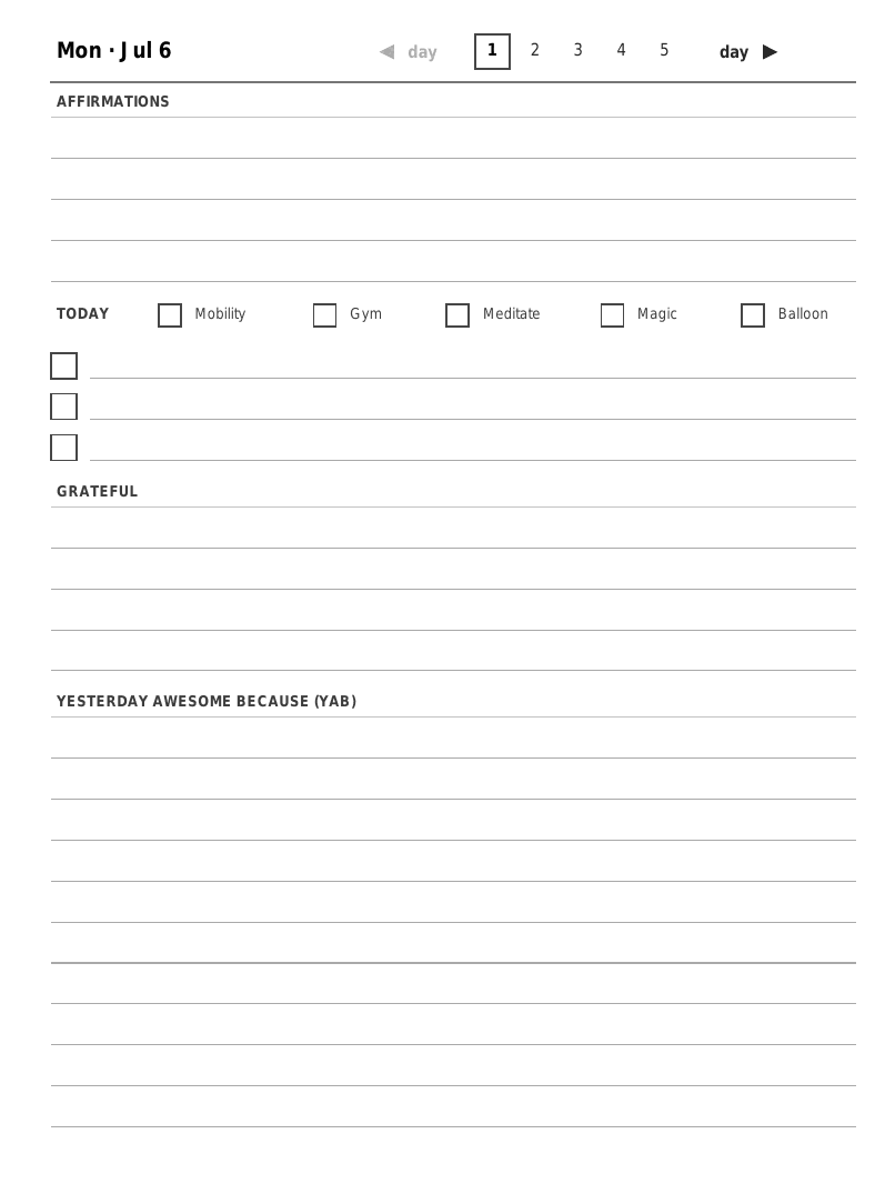 Day page 1 - the setup page with affirmations, the habit strip, grateful, and yesterday-awesome-because