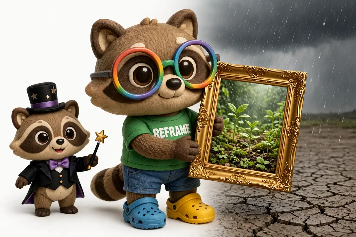 Raccoon holding up a gold frame: outside it, rain falls on cracked mud; inside it, the same rain waters sprouting seedlings