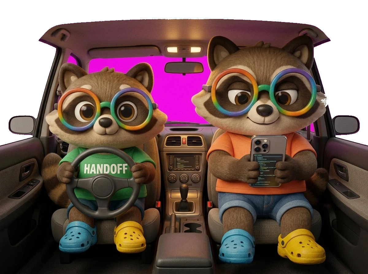 teenage raccoon driving with dad raccoon vibe-coding in passenger seat — generational handoff